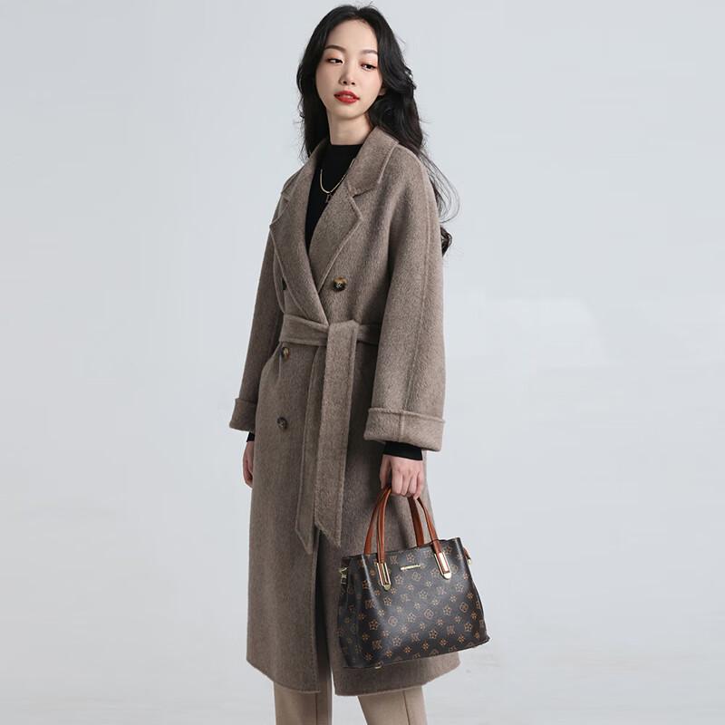 Fengxun Women's Long Double-Faced Wool Coat with Belt