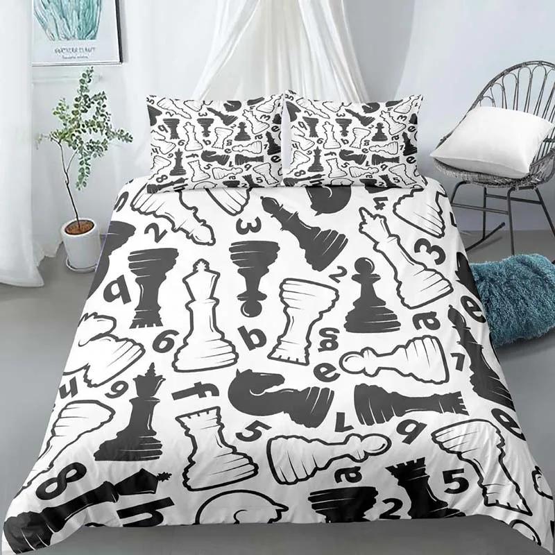 Chess Board Duvet Cover Set 3D Print International Chess Black White Comforter Cover For Boys Girls Polyester Bedding Set