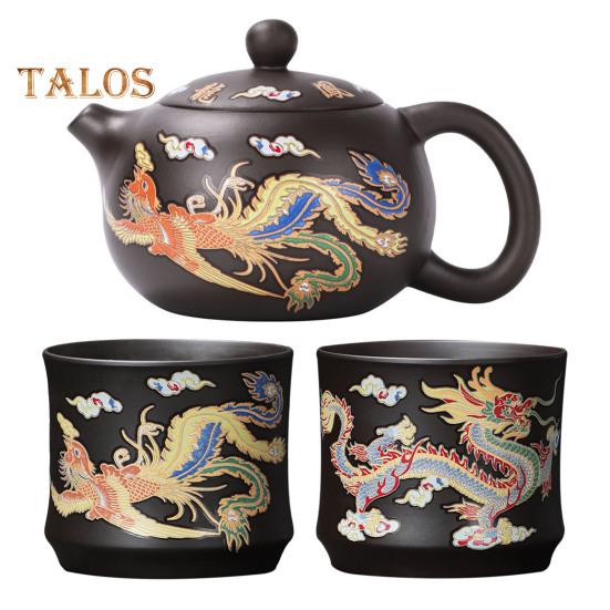 Teapot Chinese Dragon Phoenix Auspicious Zisha Clay Gongfu Tea Kettle for Loose Tea Hand-made Tea Pots with Unique Color-changing Effect Tea Lover's