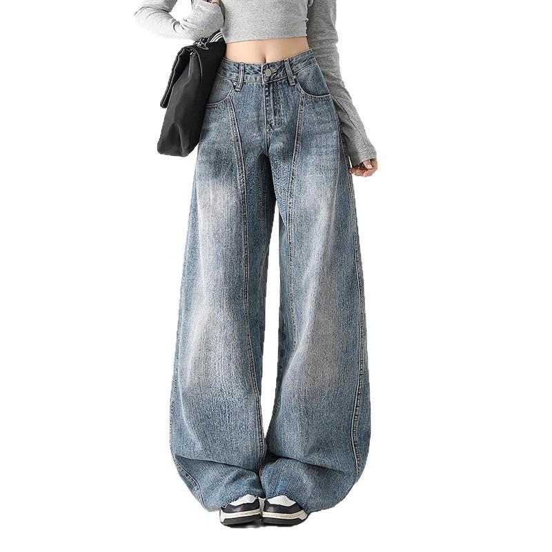 Retro Wide-Leg Floor-Length Jeans for Women - Light Blue, Washed, Versatile, Ideal for Autumn Commutes