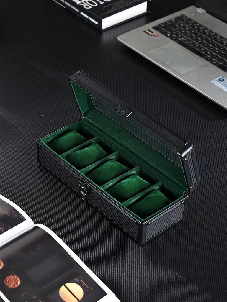 Aluminum Alloy Watch Box with Transparent Lid, 5 Slots, Multiple Colors