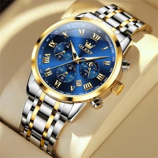 Olevs wristwatch mens silver waterproof analog quartz watch metal band date large dial Roman numerals chronograph Moonwatch