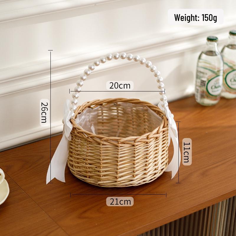 Elegant Pearl Handle Woven Flower Basket for Weddings and Events
