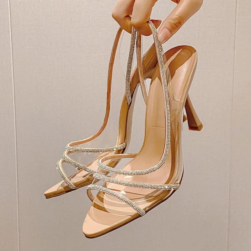 Sommer Street Style Damen Sandalen Sexy Kristall Slingback Hoher Absatz Elegant Spitze Transparent Party Pumps Schuhe
