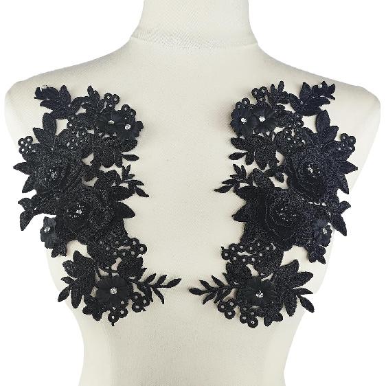1 Pair Lace Flower Applique Beaded Rhinestones Sew On Embroidered Patches Applique Décor for Wedding Dress DIY Sewing Craft Decoration, Black 9.2 x