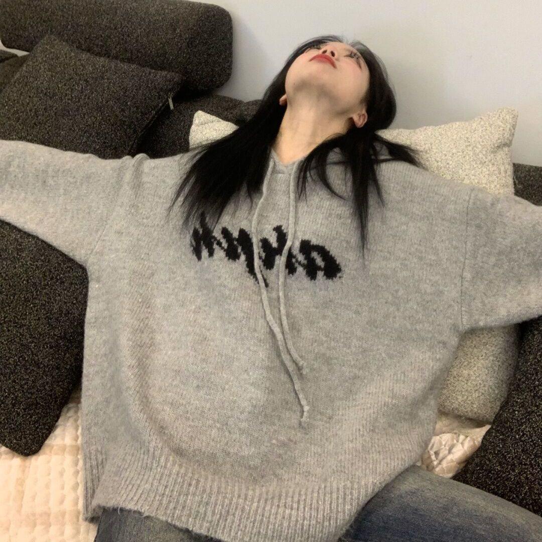 

Women s Gray Hooded Sweater: Autumn/Winter Loose Knit Cardigan with Letter Design M (100-120 jin)
