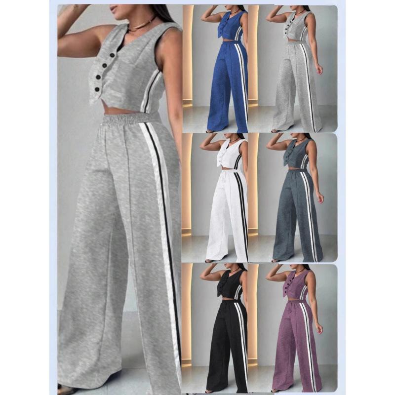 Women's Loose Fit Two Piece Set Sleeveless Crop Top Elastic Waist Wide Leg Pants Tracksuit