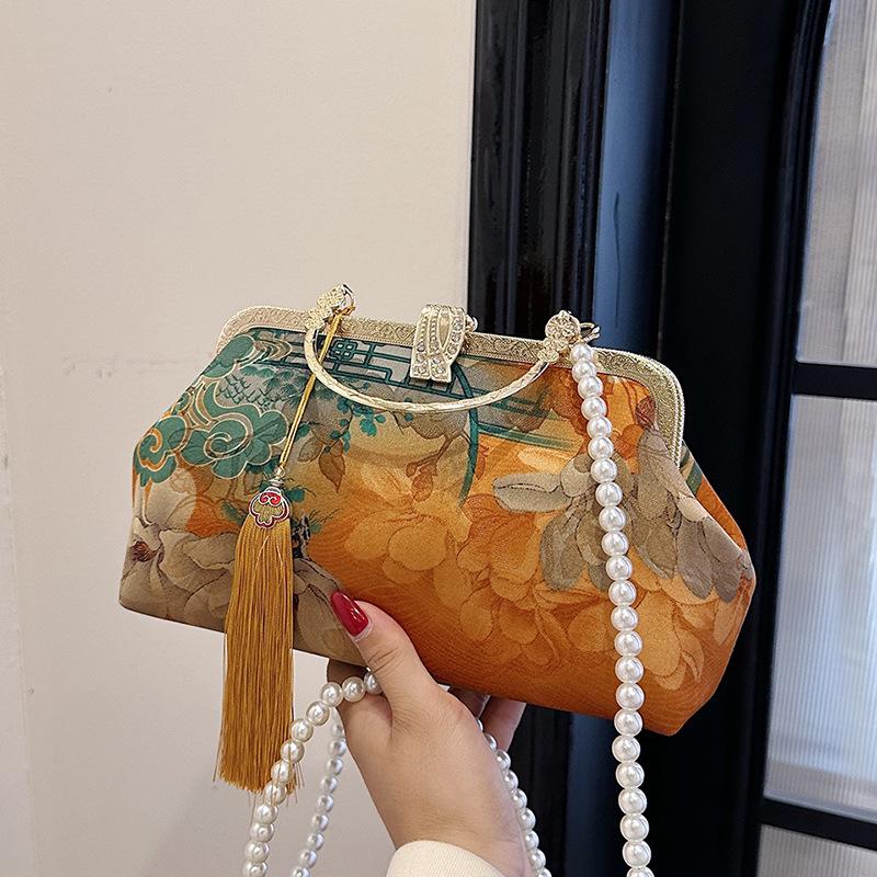 Tradisjonell kinesisk silkehåndveske med perlelås, vintage qipao-design crossbody-veske for bryllup og festivaler
