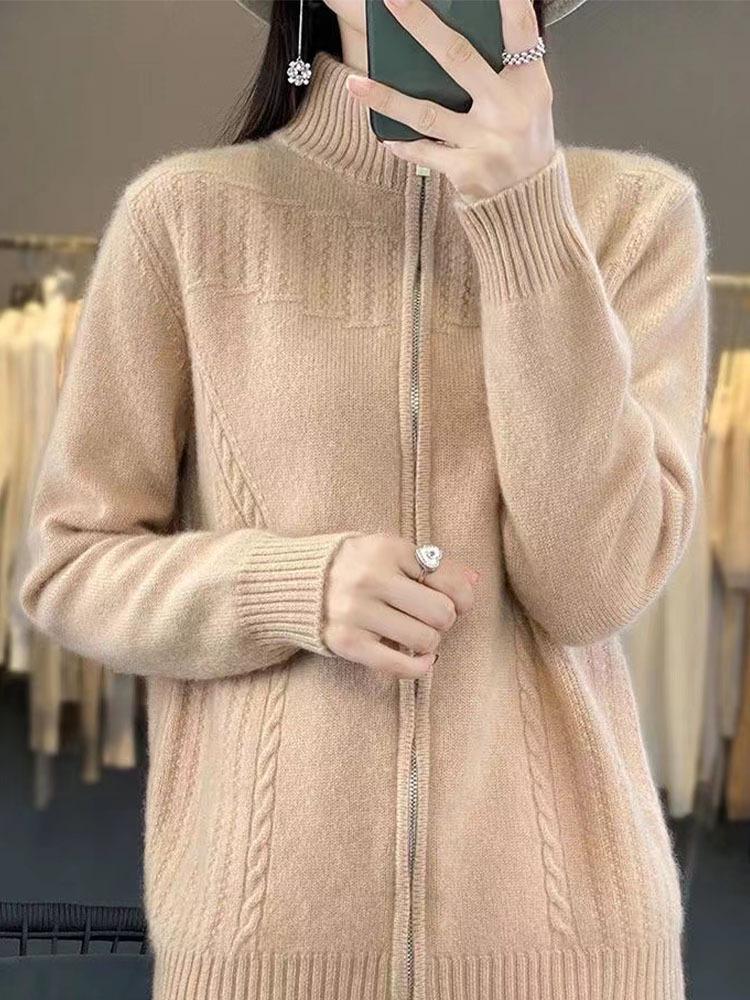 Cardigan Retro Tricotat cu Fermoar pentru Femei - Gât Semi-Înalt, Croială Largă, pentru Toamnă/Iarnă 2024.