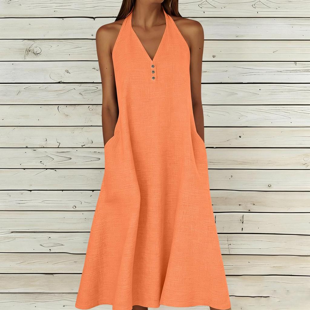Fashion Women's Summer Dress Cotton Linen V-neck Backless Dress With Pockets Sun Skirt