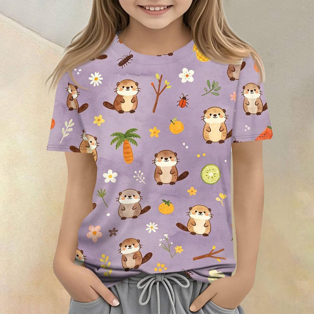Kids Animal Print Casual Loose Fit Short Sleeve T Shirt Round Neck Comfortable Soft Fabric Top for Everyday Wear