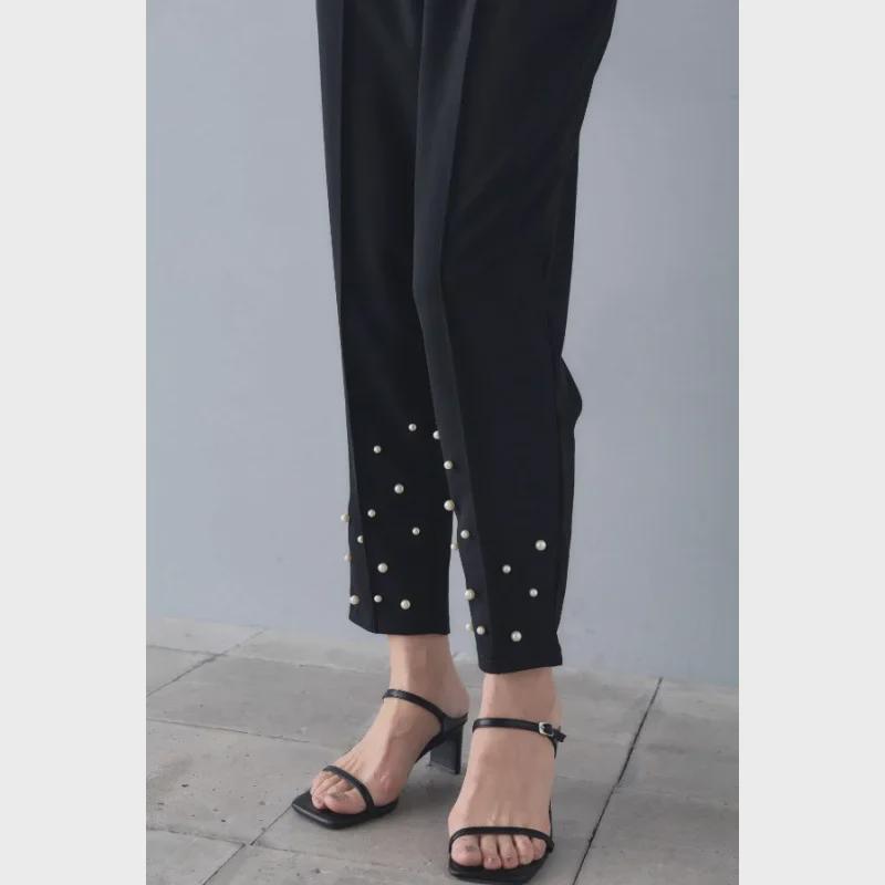 Pearl Decorated Women's Drawstring Suit Pants for Spring & Summer