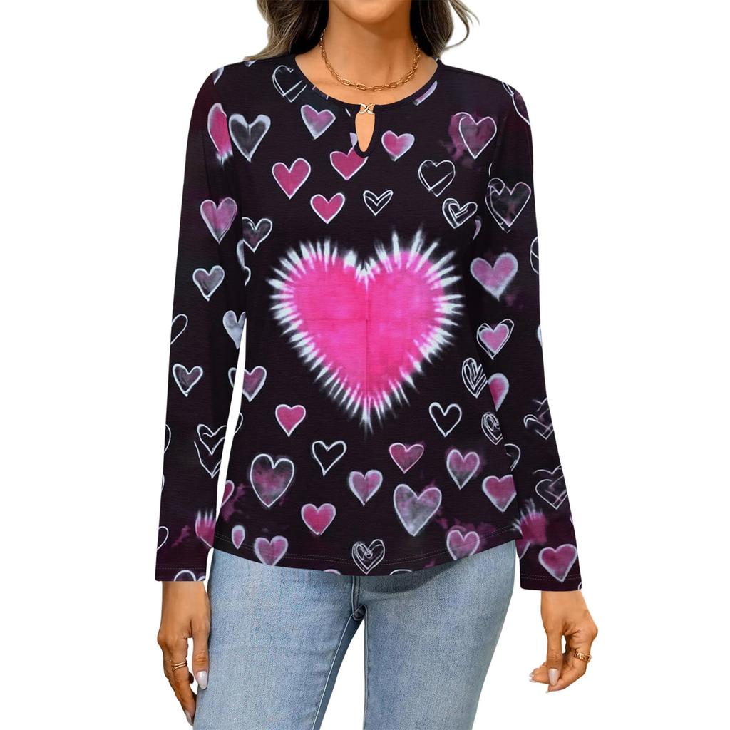 Women's Casual Round Neck Hollow,out Pullover Long Sleeve Valentine's Day Heart Print T,shirt Top