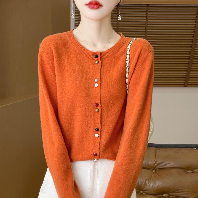 Women's Korean Style Long Sleeve Knit Cardigan - Round Neck, Fashionable Button-Up Sweater with Stylish Design and Vibrant Colors.
