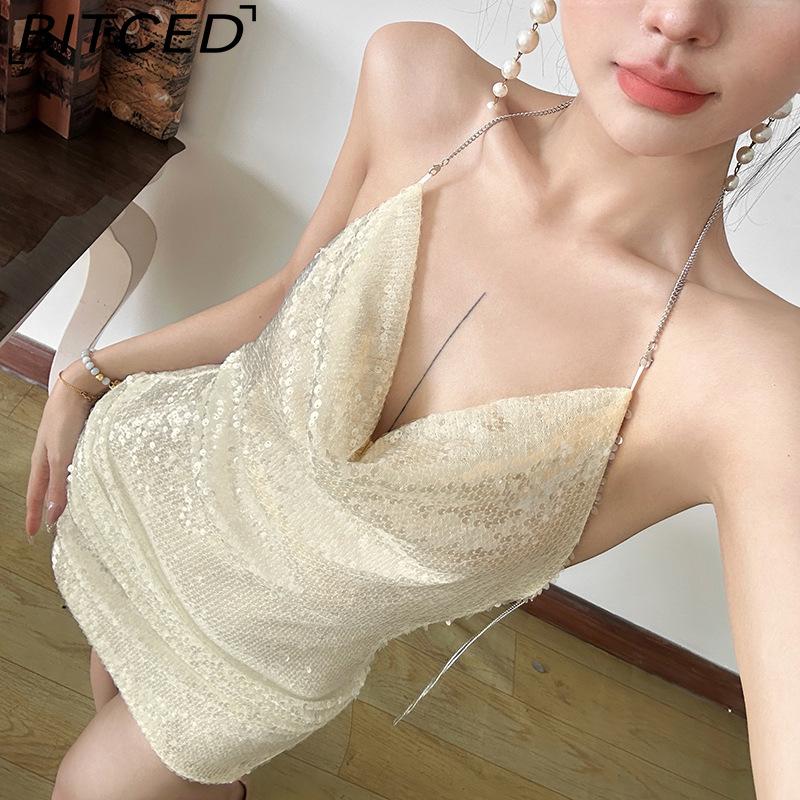 BITCED Fall Women's Solid-Color Slim-Fit High-Waisted Streetwear Halter Backless Dress