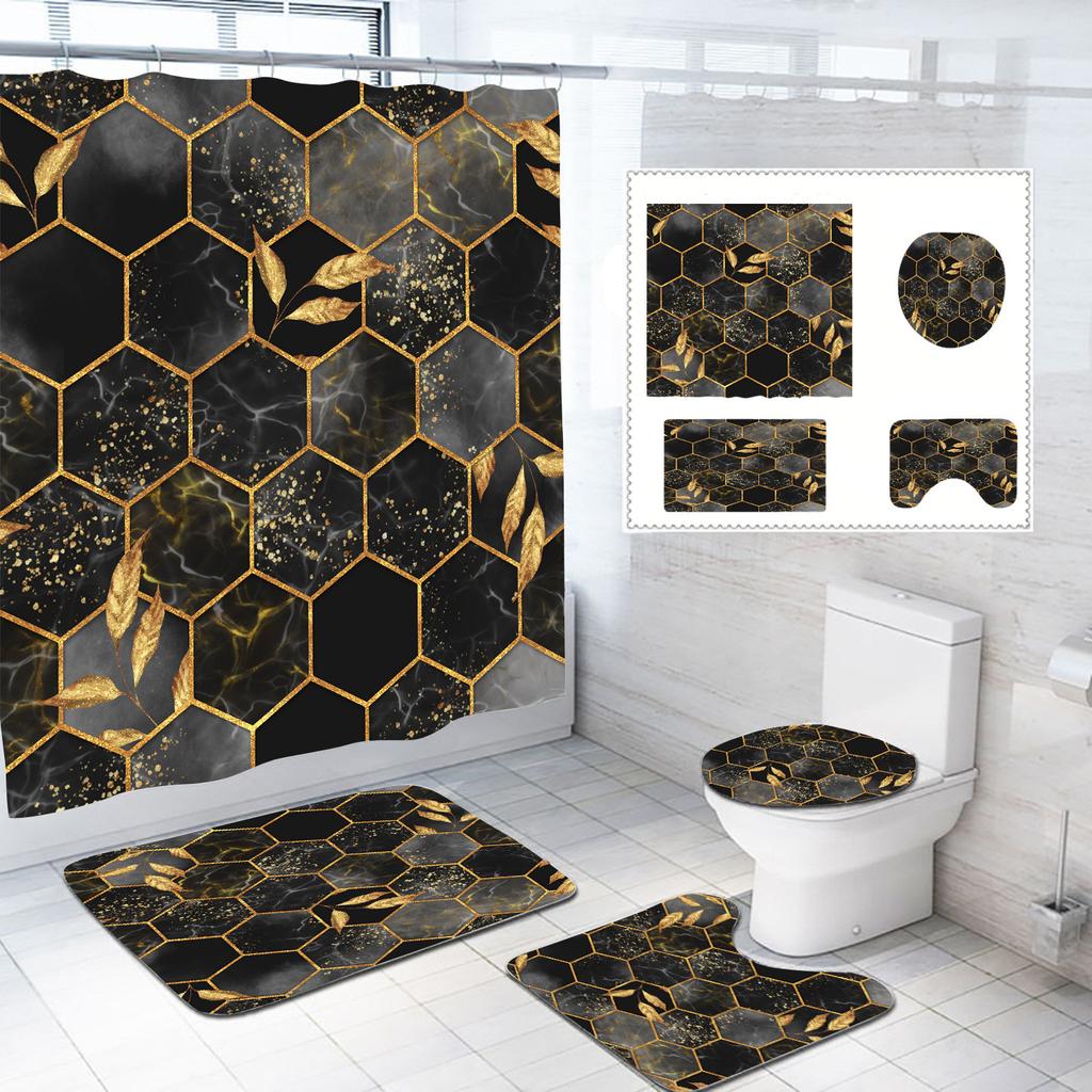 Bathroom Shower Curtain Floor Mat Four-Piece Set, Marble Style, Partition Curtain Floor Mat Three-Piece Set