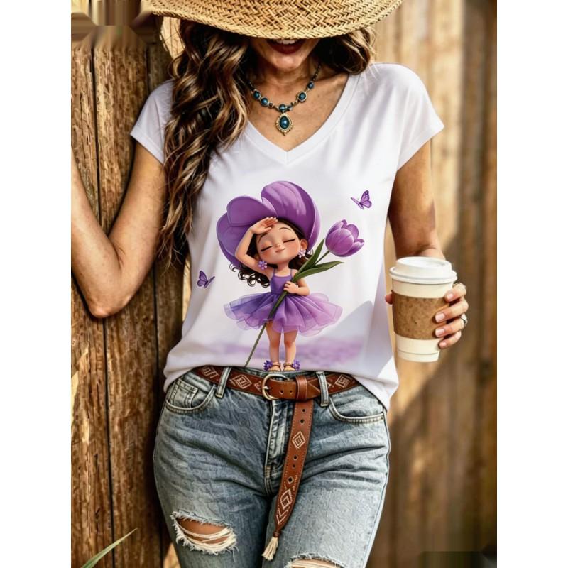 Womens V-Neck Short Sleeve Loose T-Shirt With Colorful Polka Dot Print Casual Oversized Top Daily Wear