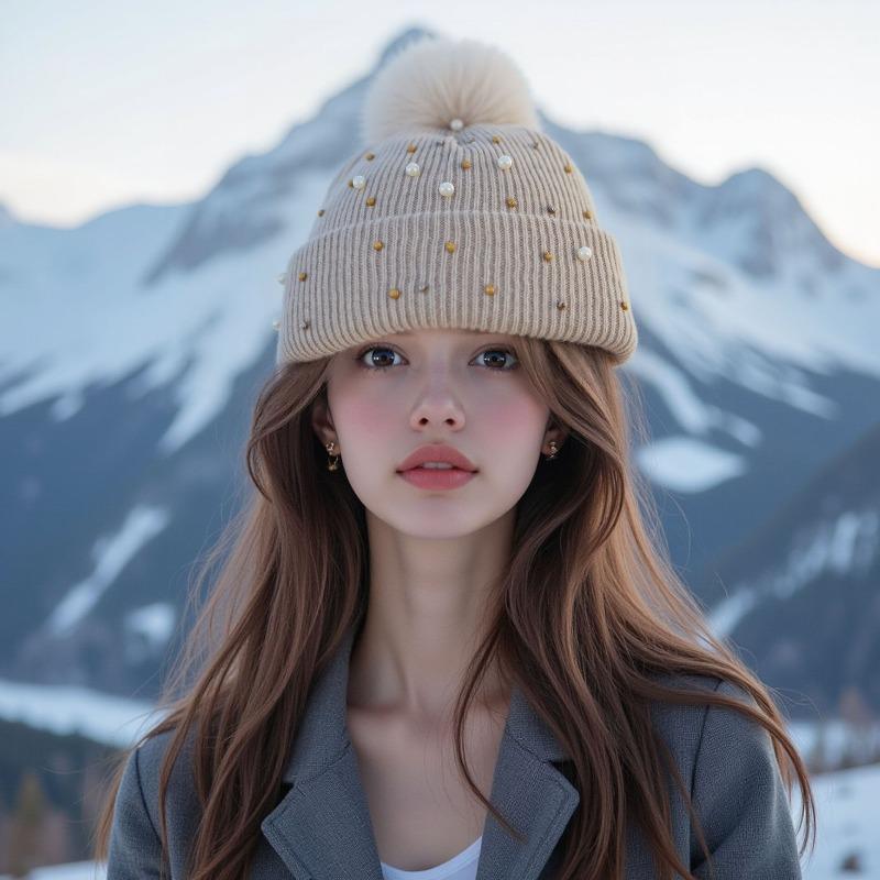 Fashion Winter Pearls Rhinestone Beading Rivet Knitted Mao Line Hat Women Thickened for Keep Warmth Fluffy Fur Ball Ear Protection Knitted Hat