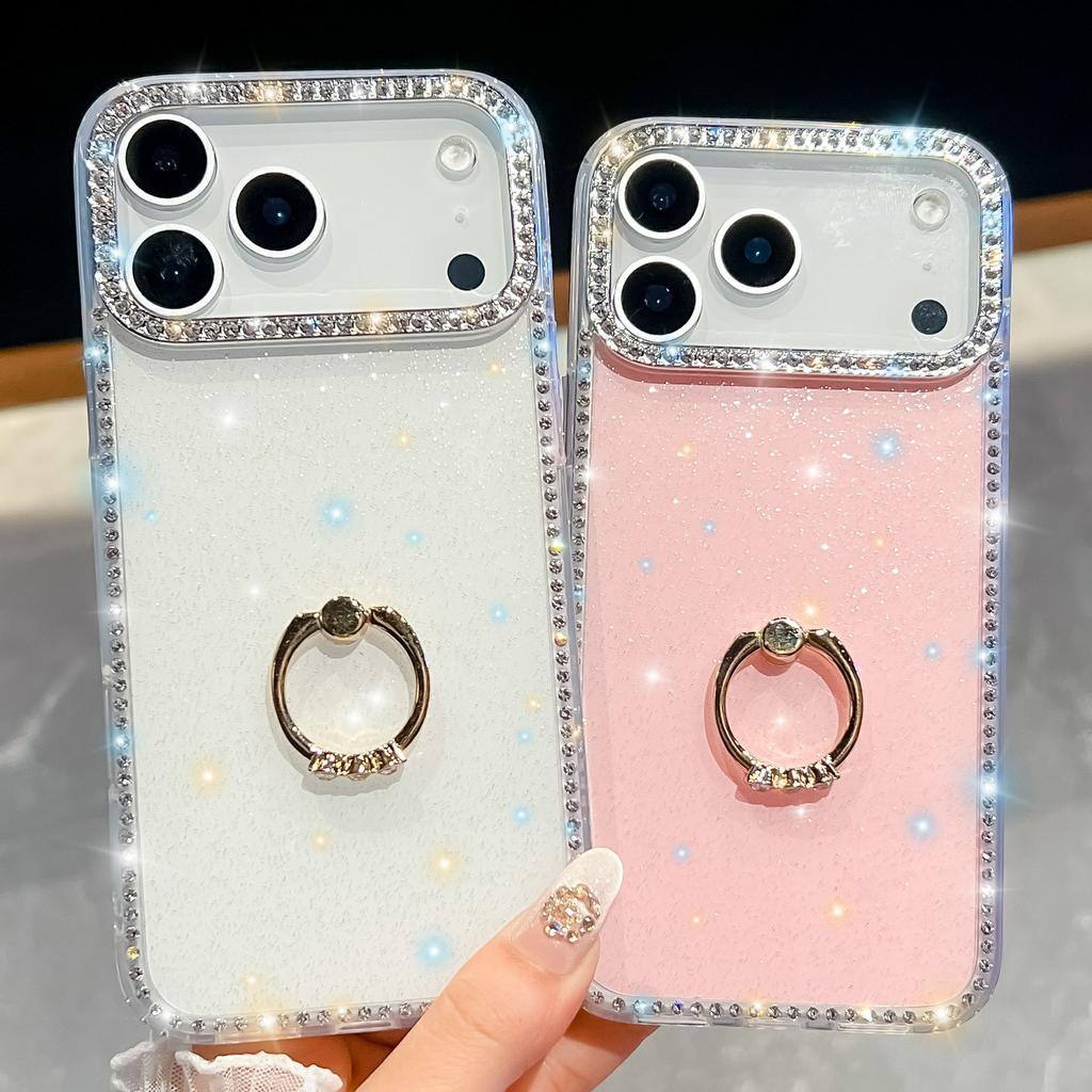 For iPhone 17 Pro Max Case with Ring Kickstand Rhinestone Edge TPU+PC IMD Phone Cover
