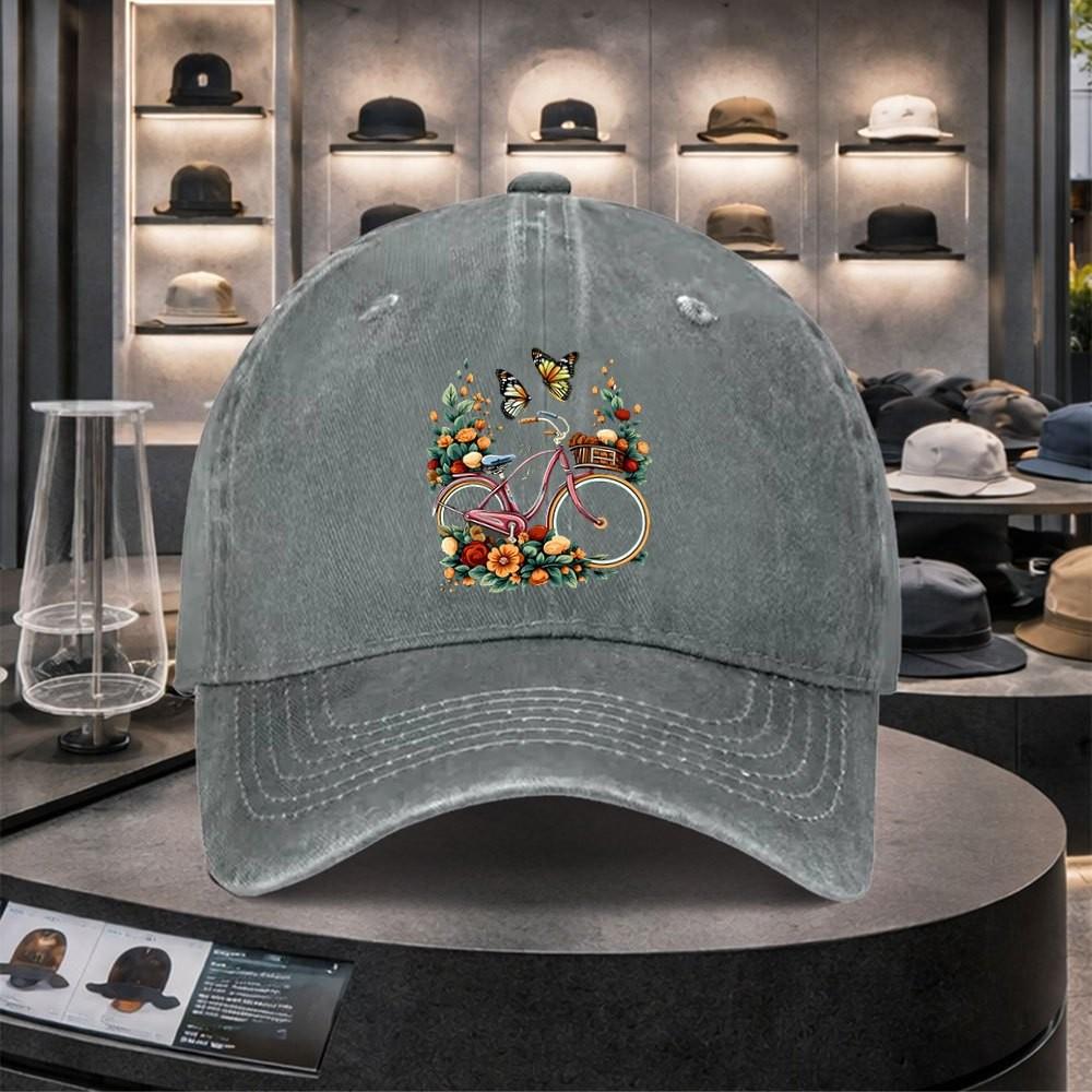 Bicycle Butterfly Floral Print Washed Denim Baseball Cap Adjustable Cotton Outdoor Sports Hat