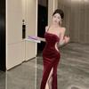 New Elegant and Sexy Velvet One-shoulder Evening Gown with Padded Cups Rhinestone Decoration High Slit Cut Out Mermaid Style Formal Party Long Dress