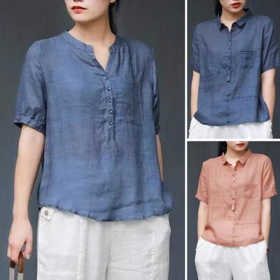 Women Shirt V-Neck Buttons Half Placket Patch Pocket Short Sleeve Pullover Tops Solid Color Loose Fit Casual Tops