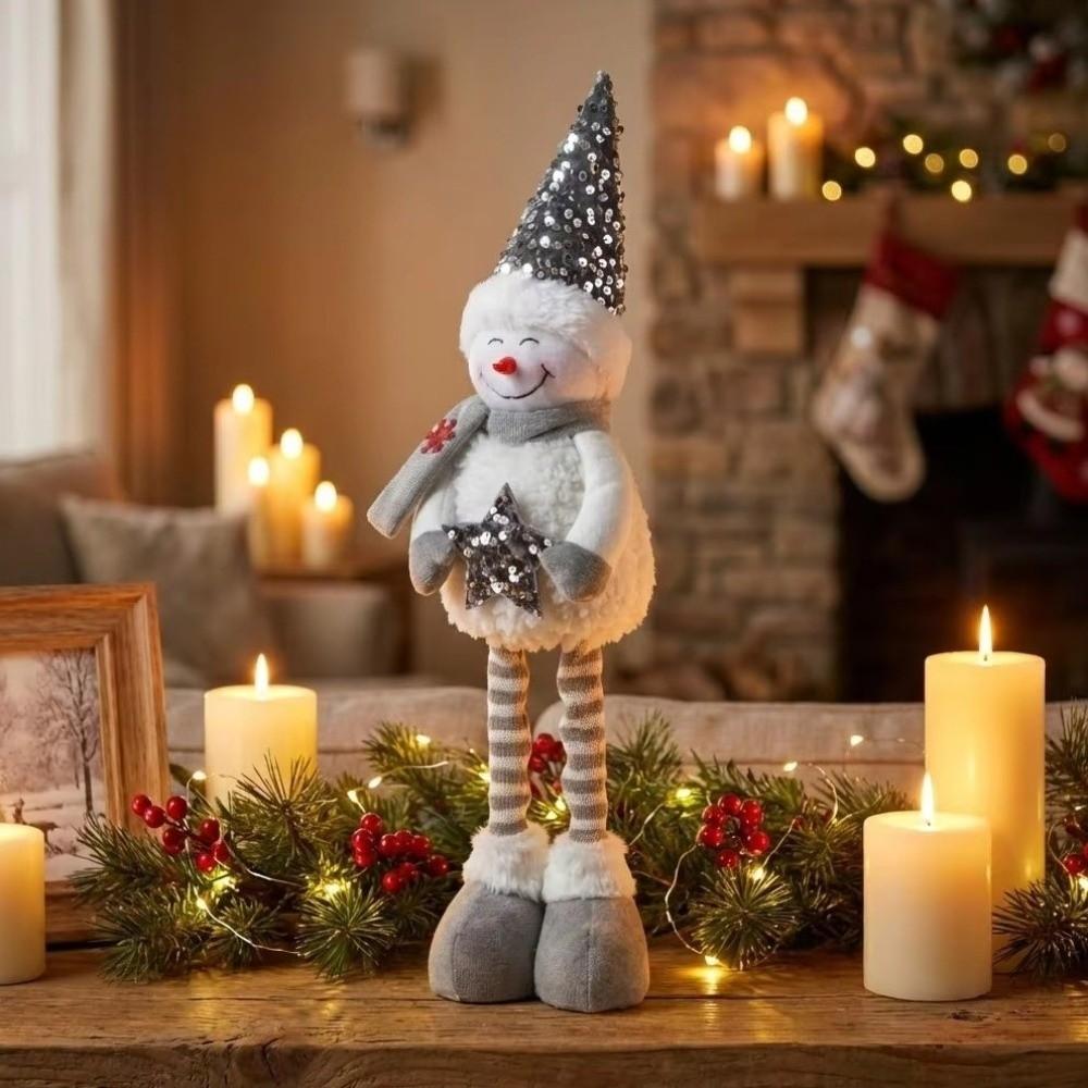 Sequined Retractable Snowman Figurine Sparkling Stretchable Christmas Standing Snowman Soft Fabric Star Christmas Snowman