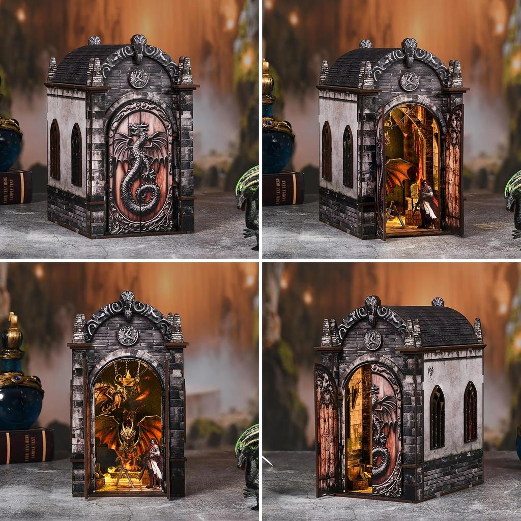 CRESYMME Dragon's Trove Book Nook Kit 3D Wooden Miniature Dollhouse DIY Hobby Craft with LED Light Handmade Bookshelf Insert Diorama