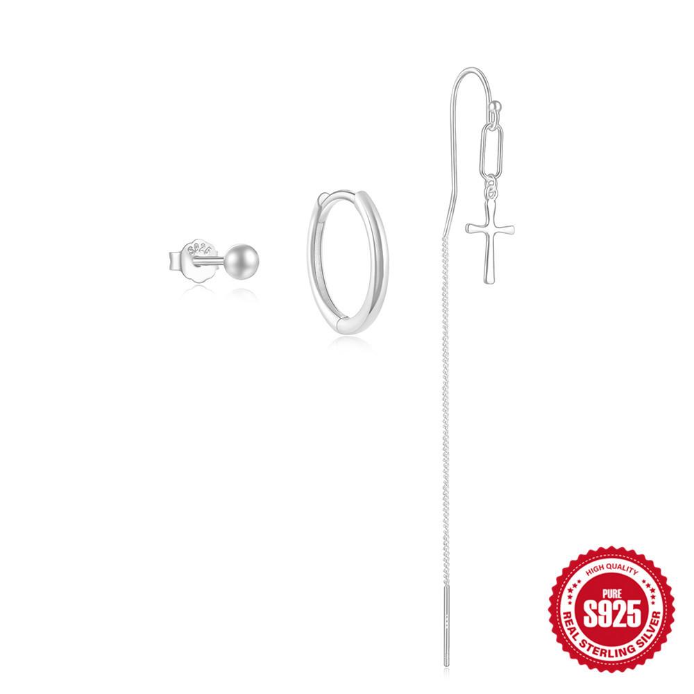 

925 стерлингового серебра простые крестообразные круглые бусины серьги иглы женские позолоченные ярко-серебристо-белые длинные тонкие цепочки из 3 предметов 925 Silver