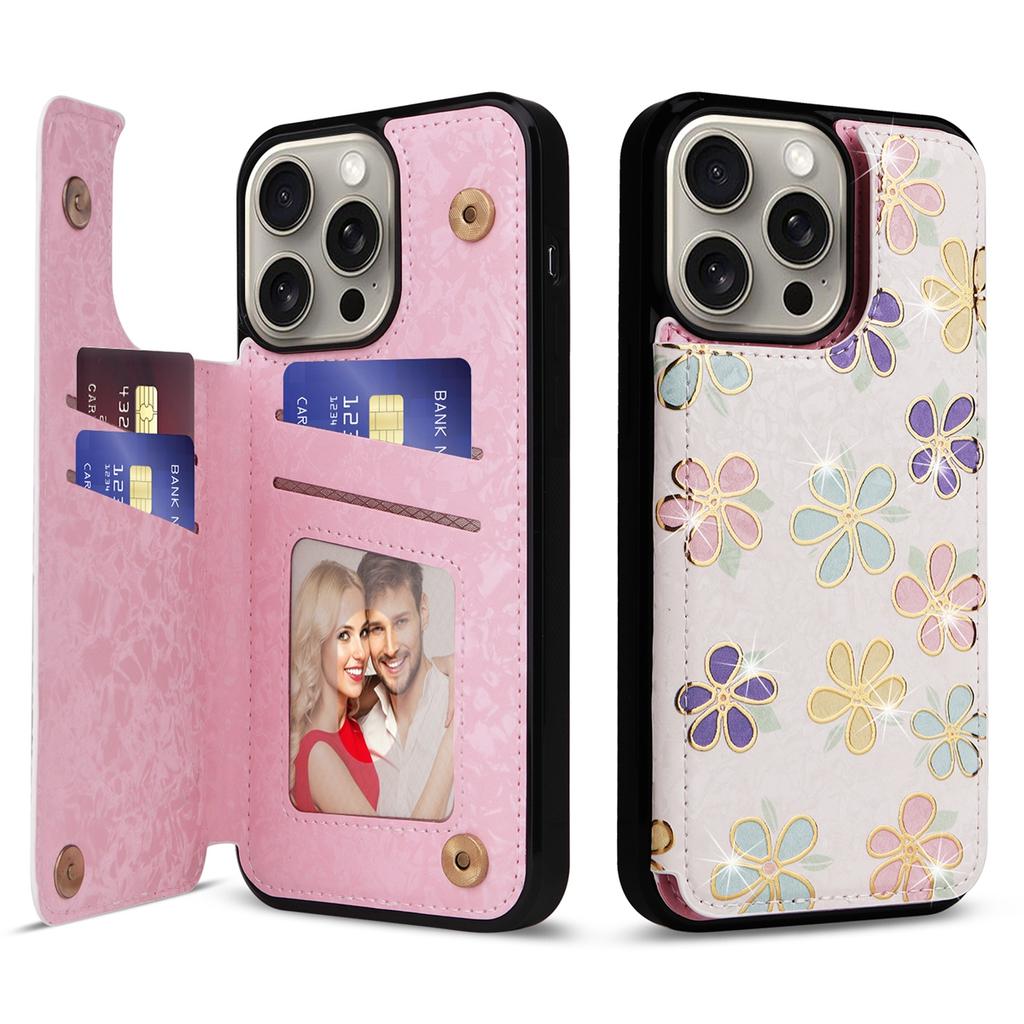 Husă tip portofel cu model floral aurit și cataramă dublă, cu sloturi pentru carduri pentru iPhone 16 15 14 13 12 11 Pro Max XR 7 8 SE, husă flip din piele PU cu protecție RFID împotriva furtului