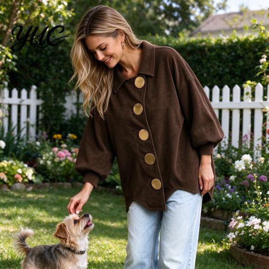 Lady Corduroy Jacket Women with Large Metal Buttons, Lantern Sleeve Casual Long Coat for Fall Winter, Loose Fit Oversized Collared Outerwear Warm