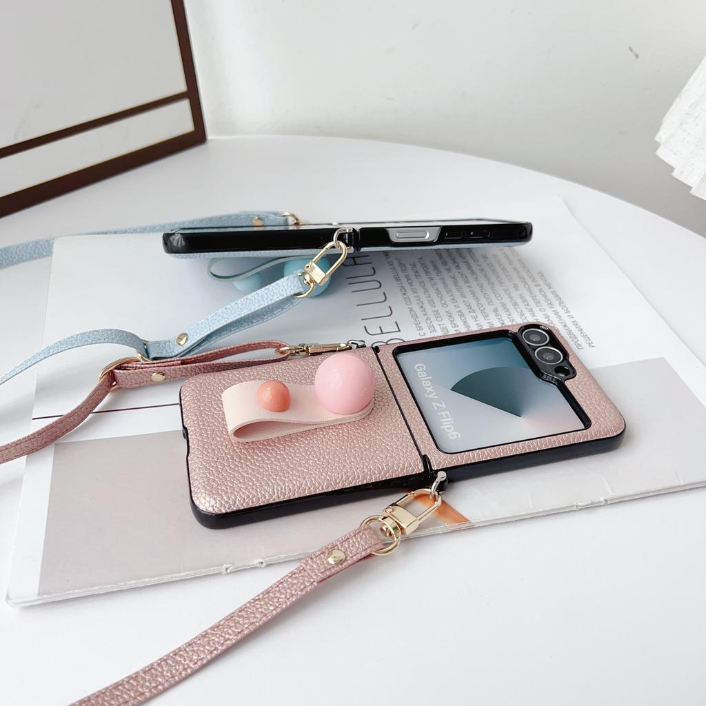 Leather Finger Ring Stand 3pcs Folding Case For Samsung Galaxy Z Flip6 Flip5 Flip4 Flip3 Crossybody Lanyard Shockproof Matte Slim Phone Cover