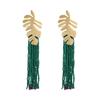 Women Fashion Bohemian Handmade Beaded Rice Bead Tassel Long Earrings Creative Alloy Leaf Ear Jewelry