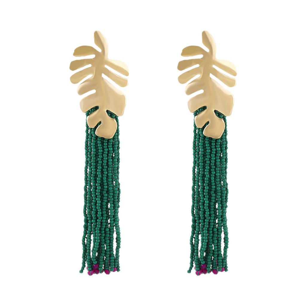 Women Fashion Bohemian Handmade Beaded Rice Bead Tassel Long Earrings Creative Alloy Leaf Ear Jewelry
