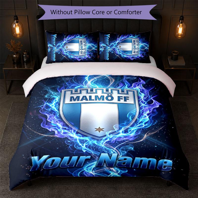 Malmö FF Custom Name Text Bedding Set 1 Duvet Cover+2 Pillowcases Soccer Logo Personalized Gift For Special Occasion Bedroom Decor