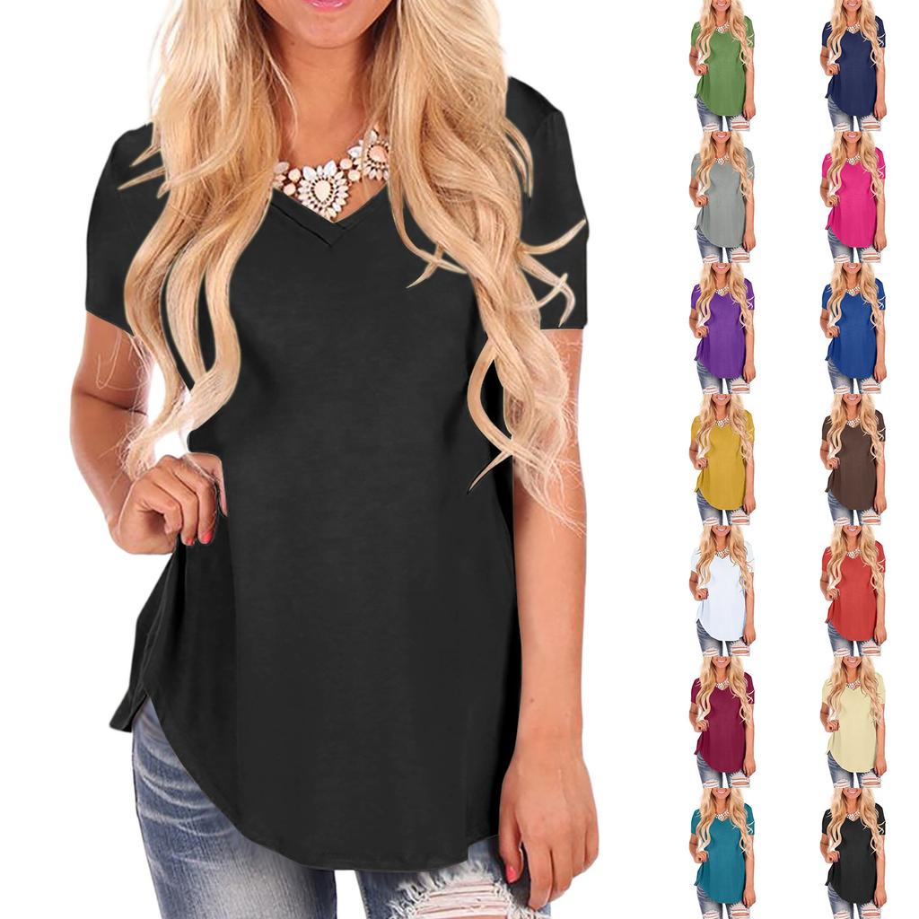 Women's Loose Comfortable Casual And Fashionable V-neck Knitted Solid Color Top Short Sleeved T-shirt