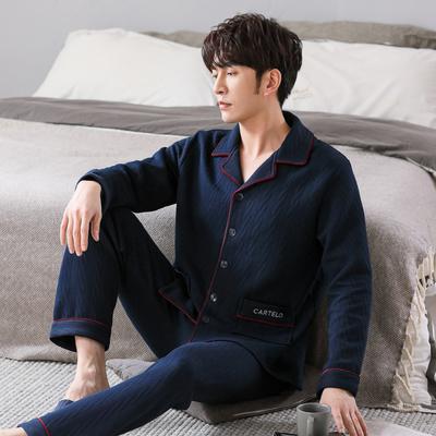 Air Cotton Pajamas Men'S Spring And Autumn Thickened Cotton Long-Sleeved Loungewear Autumn And Winter Thin Cotton-Padded Sandwich Suit