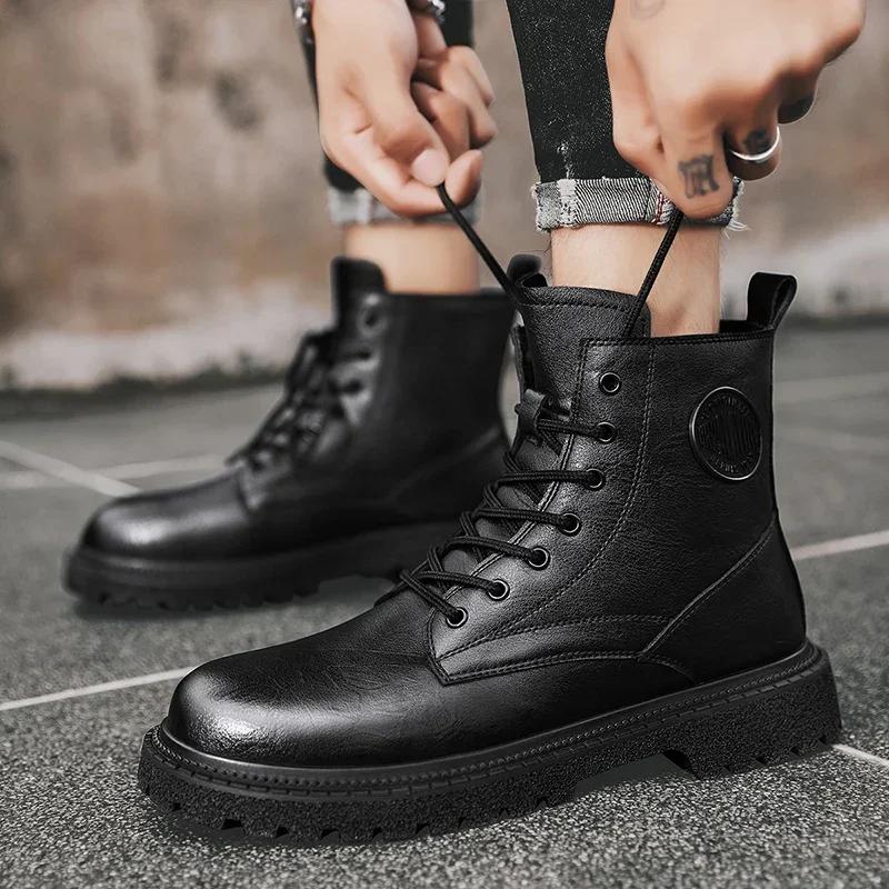 Winter Plush Mens Lace Up Leather Boots Genuine Leather Boots British Style Casual High Top Leisure Side Zipper Motorcycle Boots