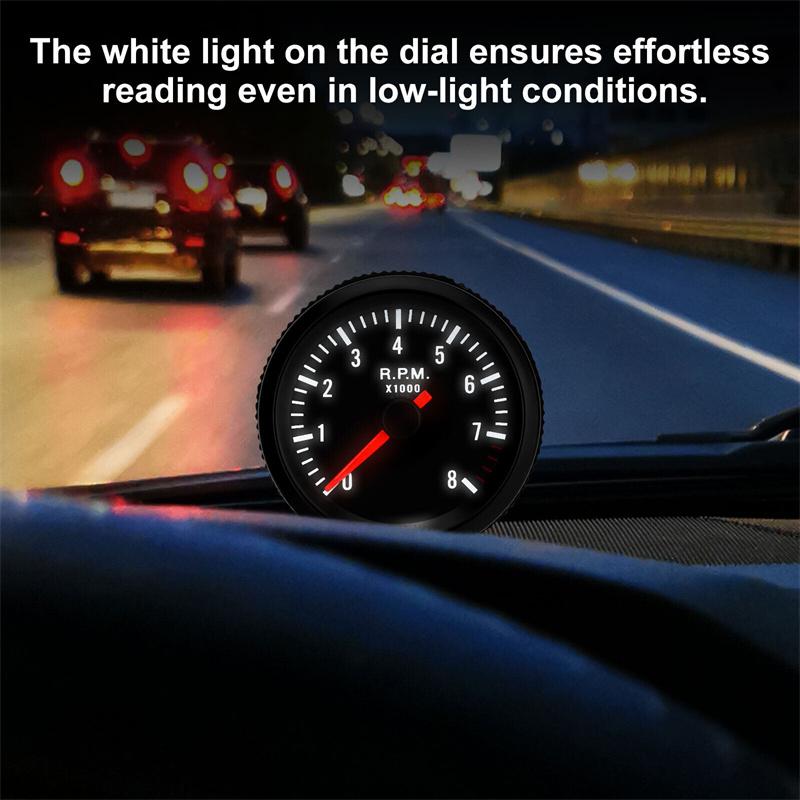 2" 52Mm Car Meter Tachometer Rpm Gauge 0-8000Rpm Analog Black Case With White Led For 1-8 Cylinders Gasoline Car