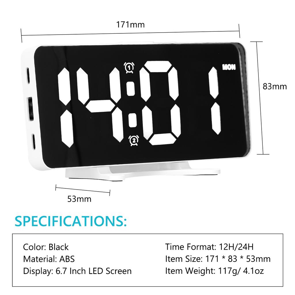 LED Digital Alarm Clock 6.7 Inch Mirror Surface Electronic Clock 12 24H Switchable with 2 Alarm Setting 4 Levels