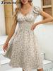 Women's Bubble Sleeve Long Dress, Sweet Style Floral V-Neck Ruffled Elegant Charm Dress