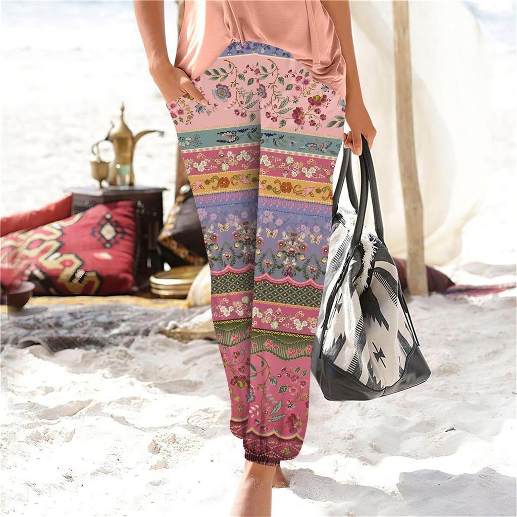 Damskie letnie spodnie z elastycznym pasem i luźnymi spodniami z szerokimi nogawkami