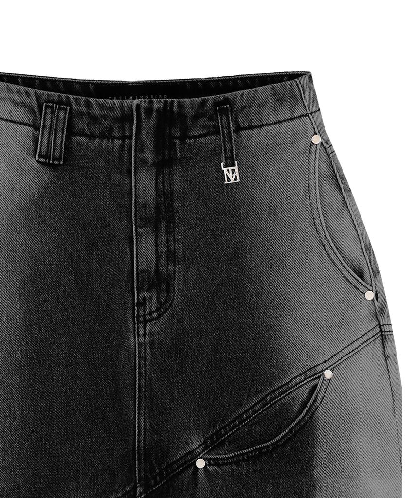 Teulimingbeodeu Curved Pocket Cut Denim Skirt [ Black ]