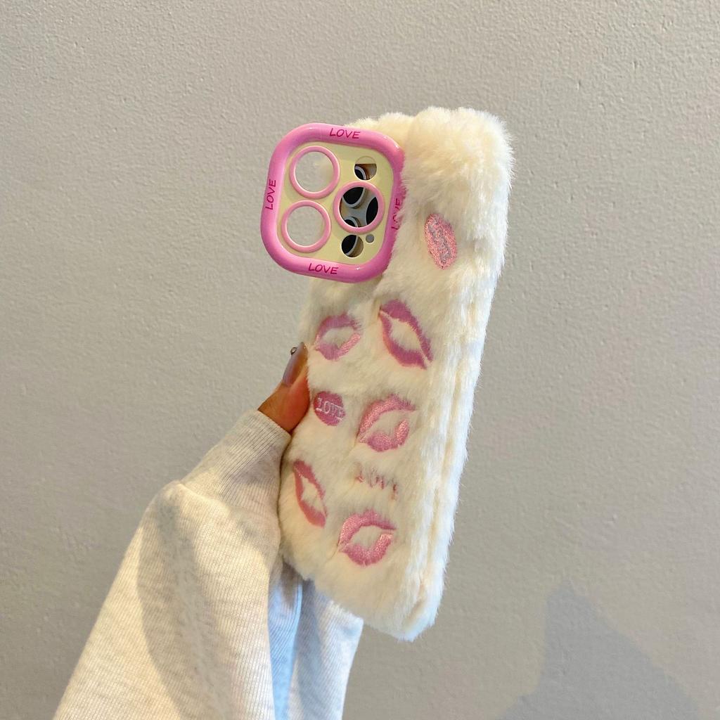Plush Lip Print Phone Case for Apple 17PROMAX Trend 14 Fine Hole 12 Girl Winter 14PRO