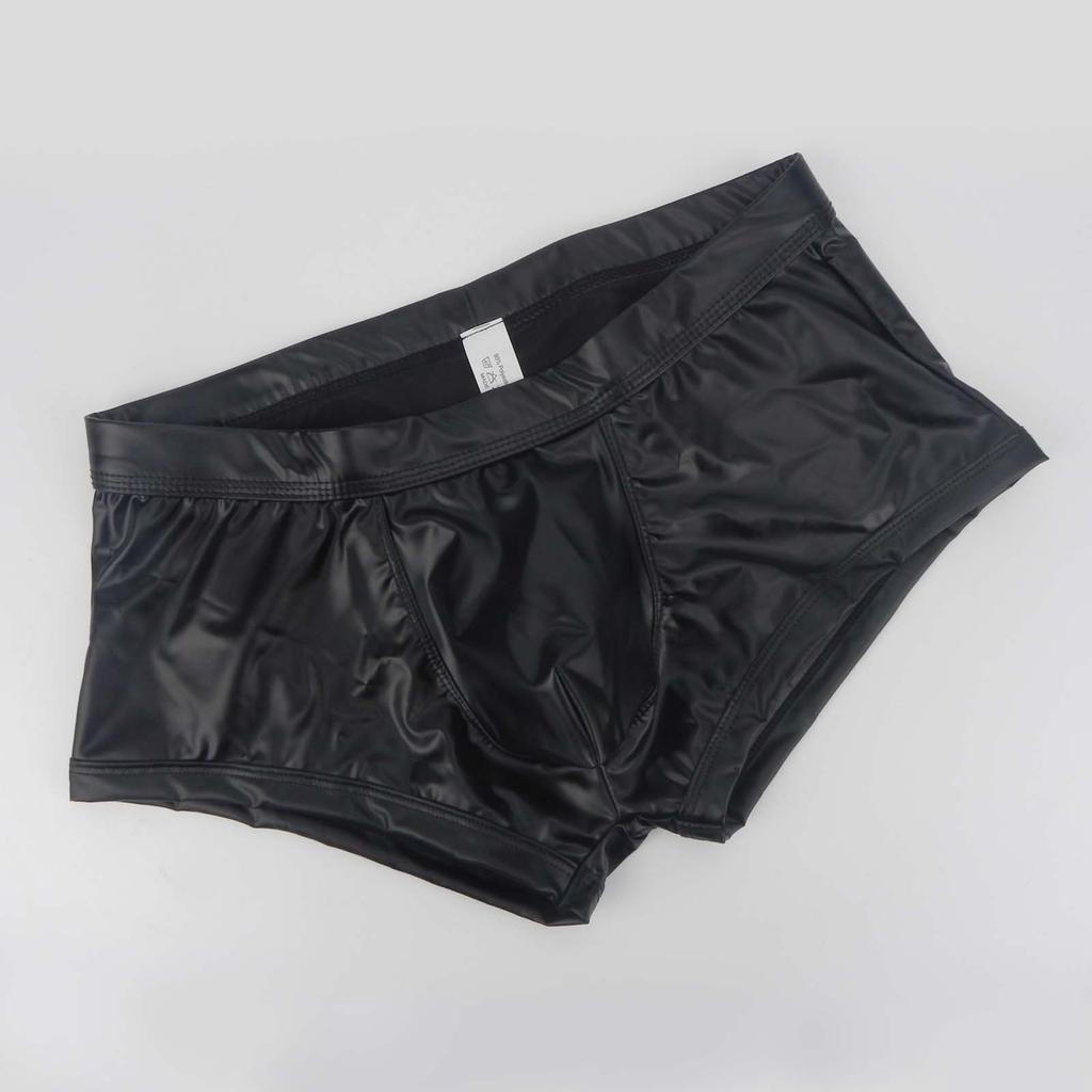 Men's Erotic Panties Cool Imitation Leather Underwear Buttocks Design Sexy Hollow Out Nightclub Boxer Shorts