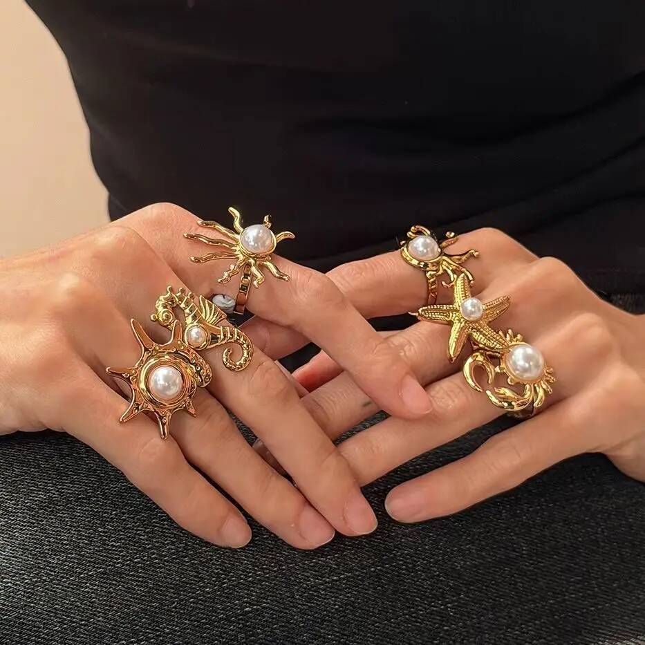 SHIXIN 6Pcs Creative Stainless Steel PVD18K Plated Gold Color Open Rings Women Trendy Imitation Pearl Finger Ring Daily Jewelry