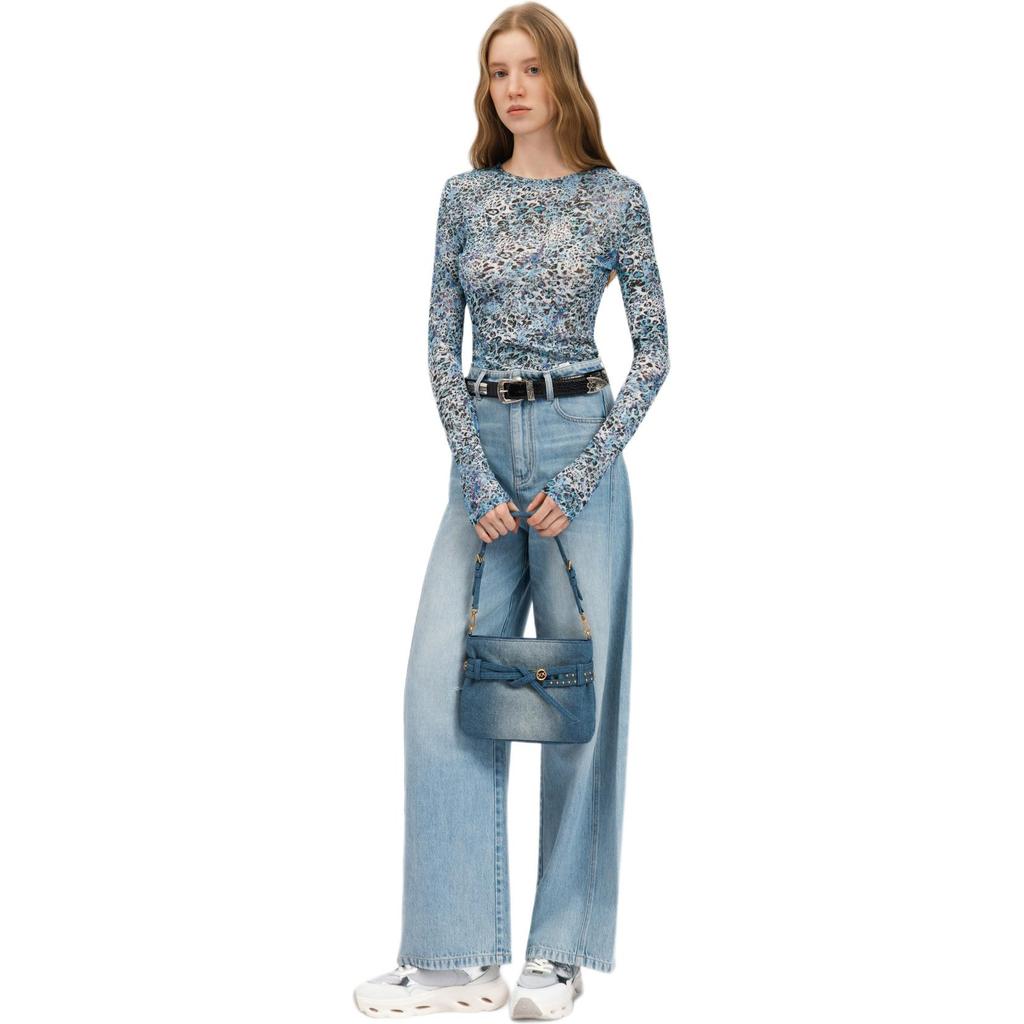 Pinko Long Wide Leg Washed Denim Pants Women Bottoms Pink PAF261358091
