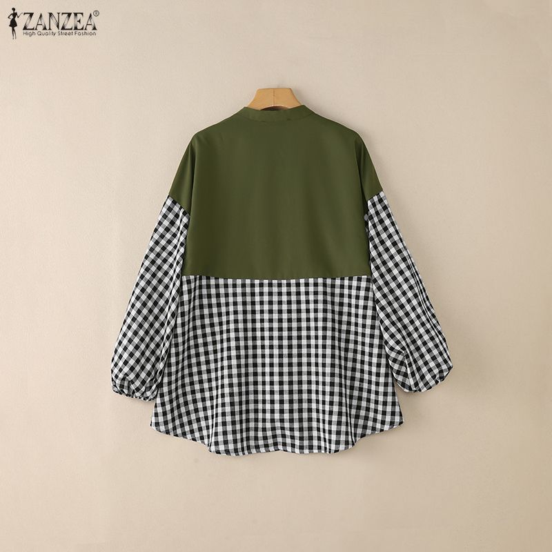 ZANZEA Women Plaid Print Splice Long Sleeve Loose Casual Blouse