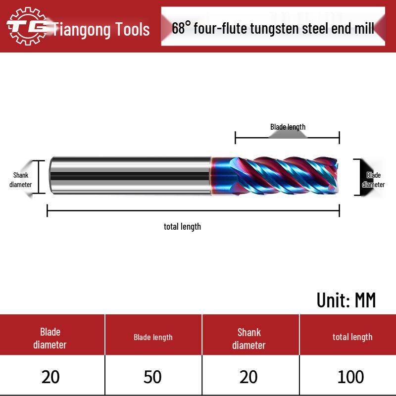 Fraise carbure CNC 4 flûtes Tiangong 68° pour acier inoxydable
