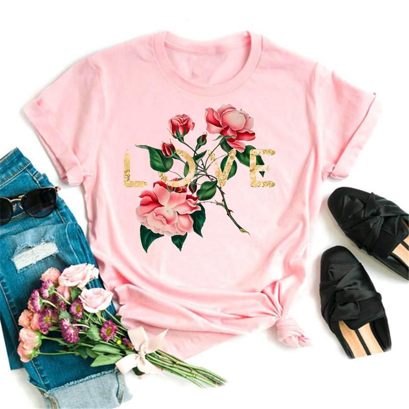 

Maycaur Женские футболки Цветочная футболка с любовью 90-х Женская модная одежда Мультяшная одежда Короткие рукава Женские футболки Валентина Футболка 4XL